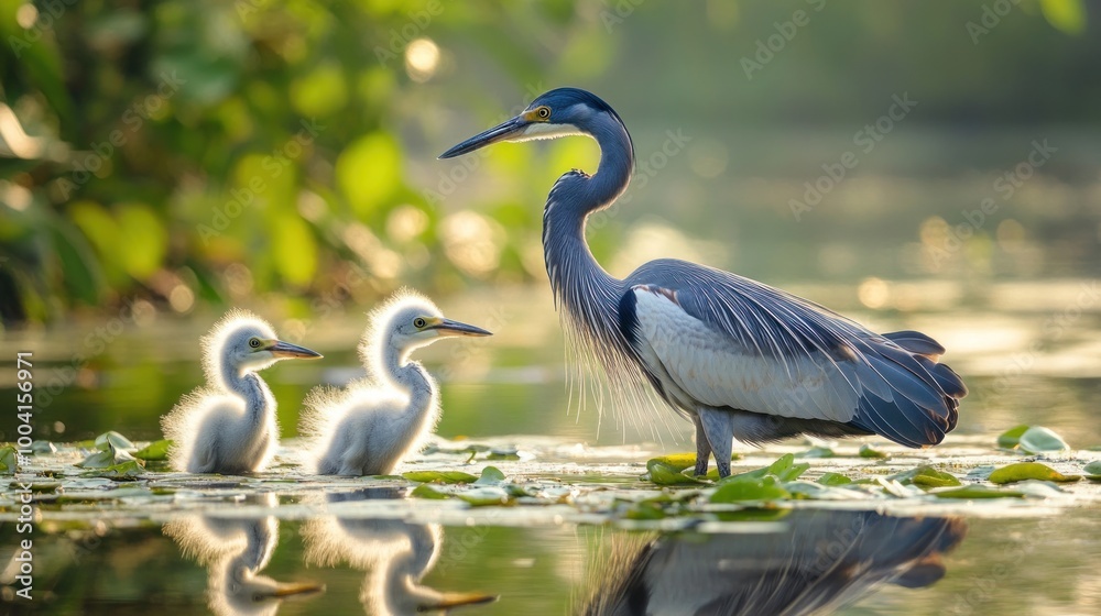 Naklejka premium Heron and Chicks in a Tranquil Marsh