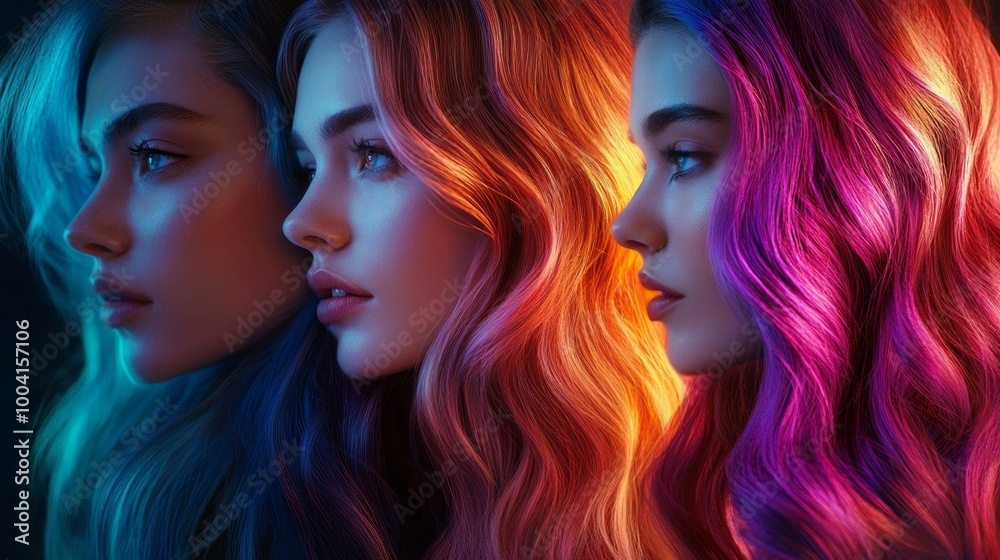 Three women with long hair in different colors Three women with long hair in different colors