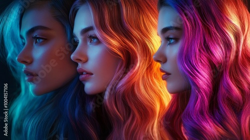 Three women with long hair in different colors