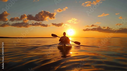 A person kayaks on a calm lake with a sunset behind them.