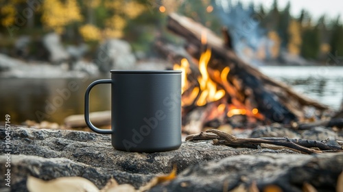 Lifestyle shot of a matte metal coffee mug by the campfire, ideal for camping themes