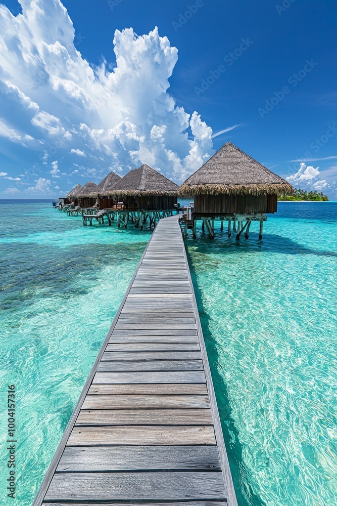A luxury overwater vacation resort with a wooden walkway leading to thatched-roof huts on the turquoise ocean water, with a Maldives island background. A luxury overwater vacation resort with a wooden walkway leading to thatched-roof huts on the turquoise ocean water, with a Maldives island background.