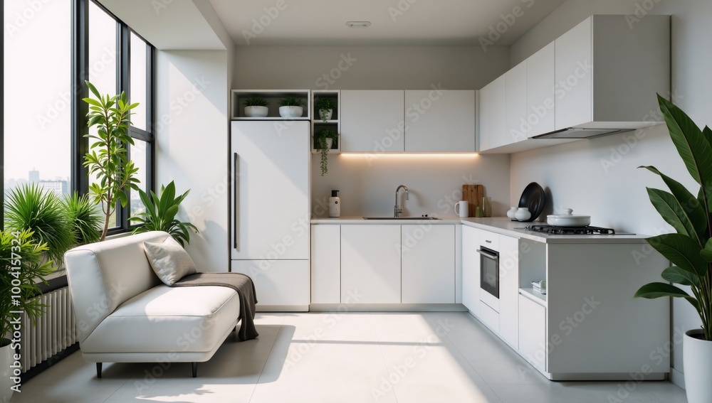 Modern micro-apartment interior with minimalist futuristic furnishings including micro kitchen and green biophilic balcony Modern micro-apartment interior with minimalist futuristic furnishings including micro kitchen and green biophilic balcony