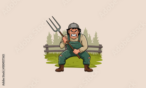 Angry farmer brandishing a pitchfork defiantly.