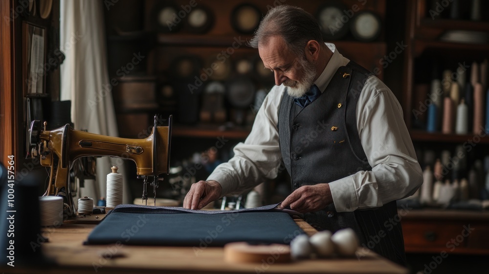 A tailor meticulously working on fabric at a vintage sewing machine in a workshop. A tailor meticulously working on fabric at a vintage sewing machine in a workshop.