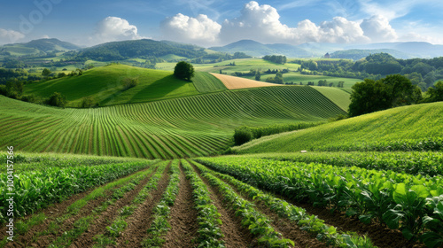 Fertile countryside covered in various types of crops, peaceful atmosphere