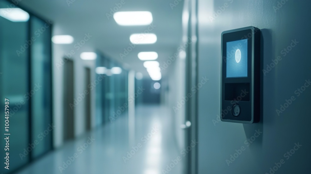 Fingerprint scan access control system installed near an office entrance for security Fingerprint scan access control system installed near an office entrance for security