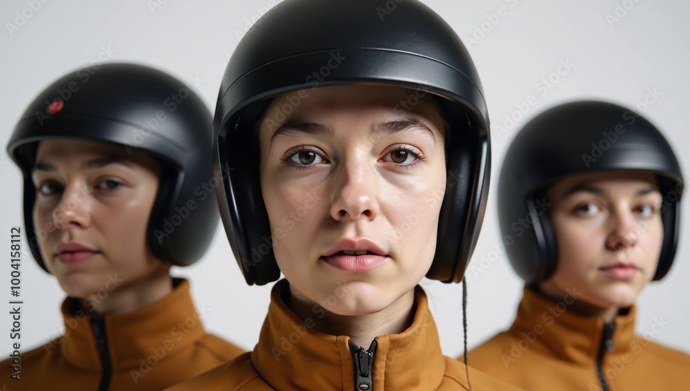 Students wearing sleek retro-futuristic helmets Students wearing sleek retro-futuristic helmets
