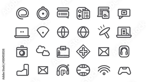 A minimal line icon set featuring universal symbols, each designed with simplicity and clarity in mind. The icons are displayed on a white background, ready for use in digital interfaces and 