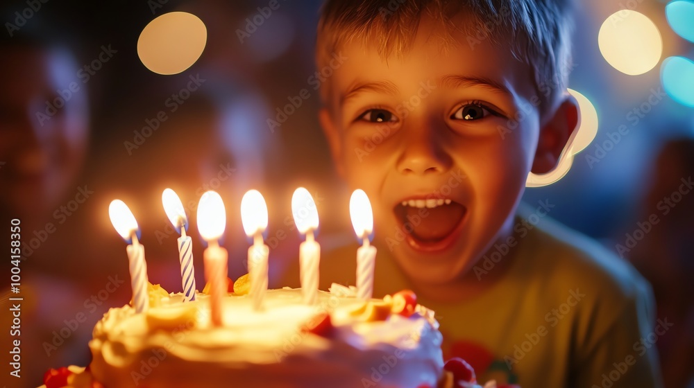 A young boy is about to blow out candles on his birthday cake. A young boy is about to blow out candles on his birthday cake.