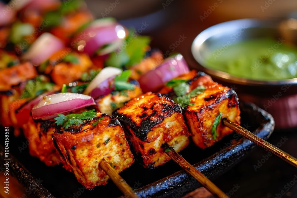 Close-up of grilled paneer tikka marinated in spices, served with mint chutney and garnished with cilantro Close-up of grilled paneer tikka marinated in spices, served with mint chutney and garnished with cilantro