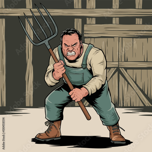 Angry farmer brandishing a pitchfork defiantly.