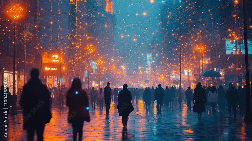 Obraz premium diverse crowd interconnected through a web of glowing connections symbolizing the integration of big data smart city concepts and the future of urban living in an engaging visual narrative