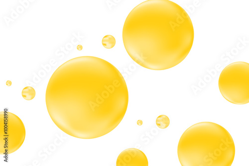Cute glowing yellow, orange liquid bubbles or fluid jelly droplets isolated on transparent background. Flowing honey or serum foam, beauty serum, cosmetology science, molecular concept