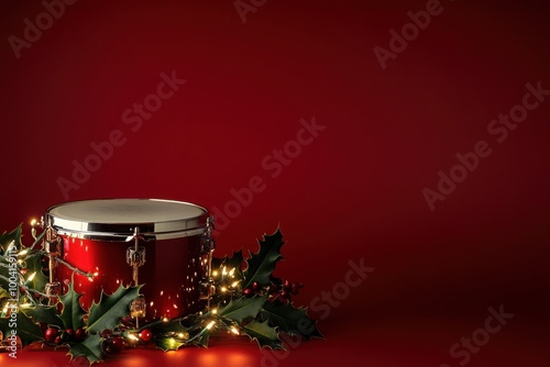 A red drum decorated with holly and fairy lights on a rich red background. Concept of Christmas celebration