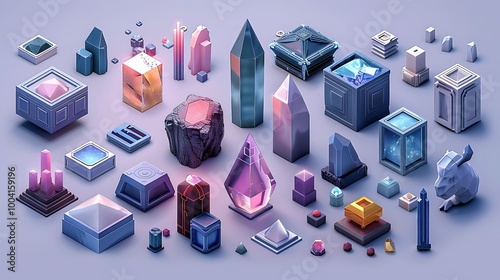 A low poly 3D model collection featuring various objects, each with a stylized, faceted appearance. The models are presented in an isometric view, highlighting their geometric forms and artistic  photo