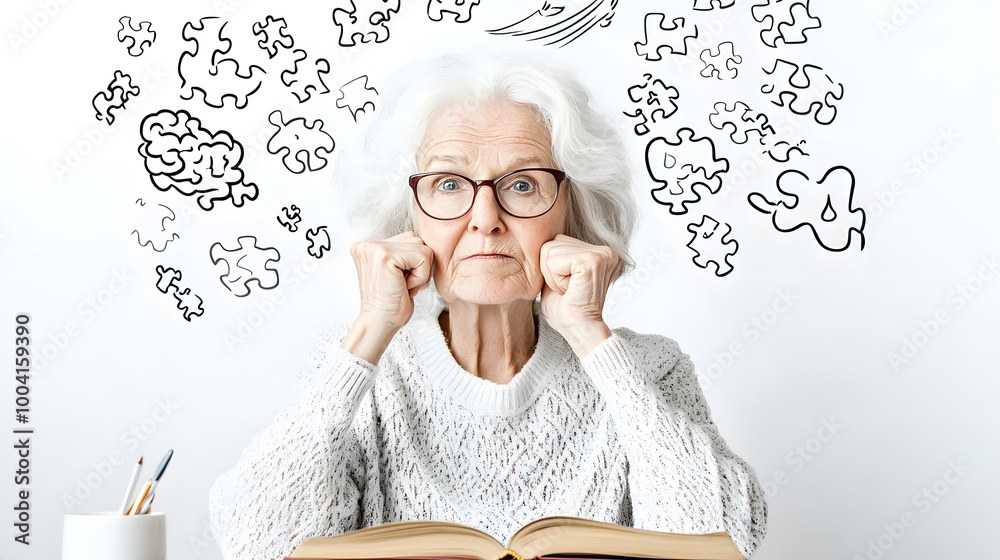 Fototapeta premium Elderly woman flexing her brain muscle surrounded by puzzle