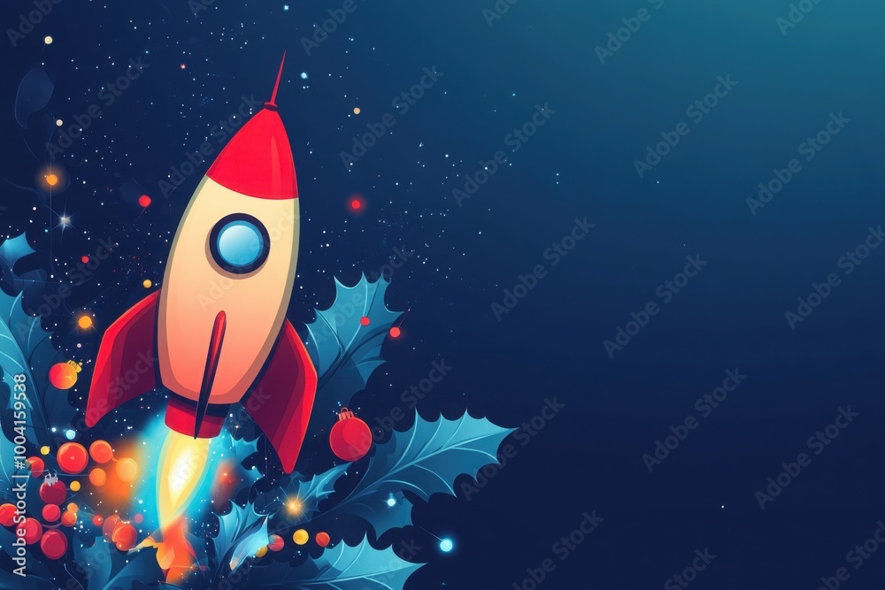 A vibrant rocket launching into space, surrounded by festive holly and berries, on a dark blue background representing joy A vibrant rocket launching into space, surrounded by festive holly and berries, on a dark blue background representing joy