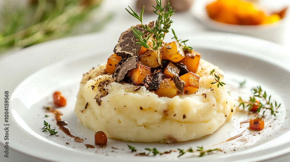 Mashed potatoes topped with roasted butternut squash, truffle, and herbs. Mashed potatoes topped with roasted butternut squash, truffle, and herbs.