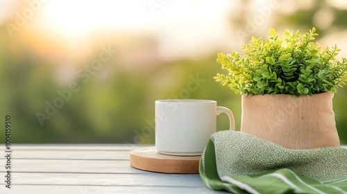 Cozy Greenery Oasis on a Balcony - Tranquil Morning Coffee Moments Surrounded by Lush Potted Plants and Wooden Deck in a Peaceful Ambiance