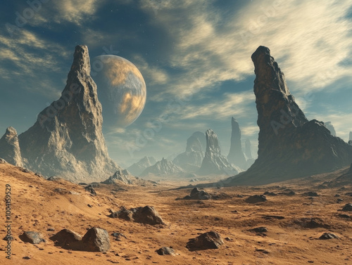 Breathtaking alien landscape under a distant planet in a surreal, rocky terrain