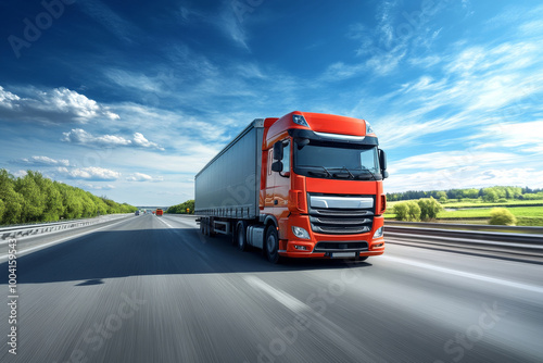 3D render dynamic shot of a truck driving on a highway under a bright blue sky