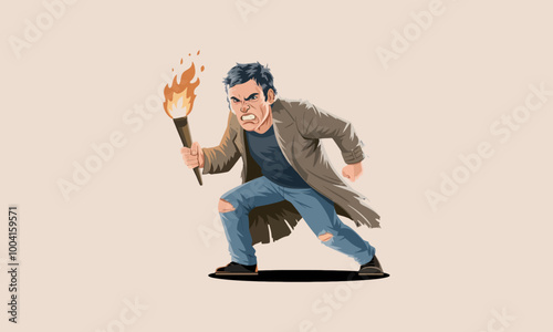 Angry man holding a flaming torch.