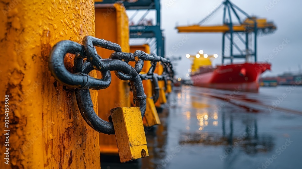 Yellow and Black Metal Chain and Lock with Port in Background Yellow and Black Metal Chain and Lock with Port in Background