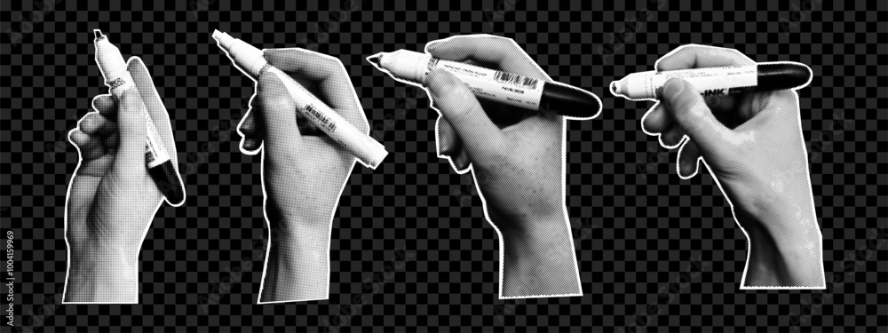 Modern collage set with hands holding marker on transparent background. Retro halftone effect.