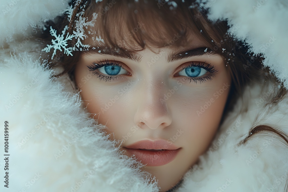 Close-up of a woman with blue eyes wearing a white fur coat, snowflakes in her hair. Close-up of a woman with blue eyes wearing a white fur coat, snowflakes in her hair.