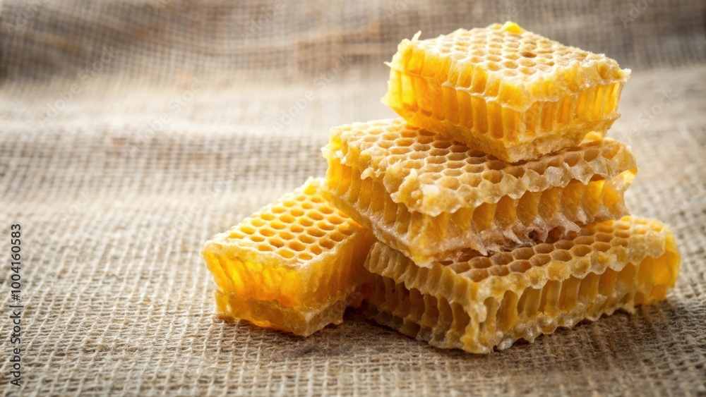 Piled natural bee wax pieces with honey comb fragment on linen background Piled natural bee wax pieces with honey comb fragment on linen background