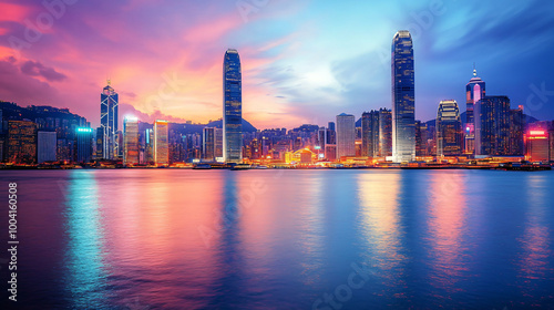 A vibrant city skyline background at dusk, ideal for modern urban designs.