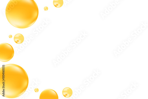 Cute glowing yellow, orange liquid bubbles or fluid jelly droplets isolated on transparent background. Cute honey or orange presentation, beauty serum, cosmetology science, molecular concept