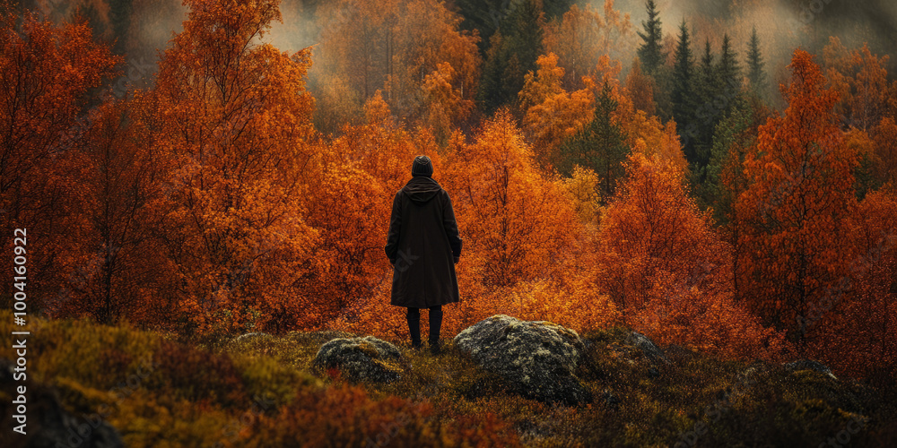 illustration of Lone figure in a warm woolen coat standing among vibrant autumn foliage in a forest. Solitary exploration and nature concept with fall colors. illustration of Lone figure in a warm woolen coat standing among vibrant autumn foliage in a forest. Solitary exploration and nature concept with fall colors.