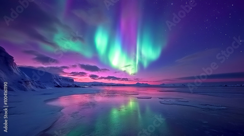 Majestic Northern Light spectacle paints the dark Scandinavian November sky with vibrant hues of green and purple reflecting on tranquil icy water.