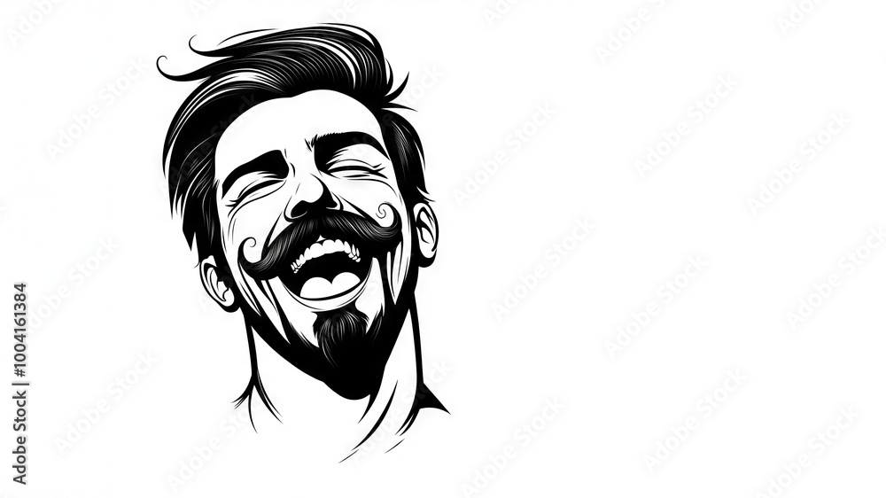 Smiling man with mustache and styled hair. Black and white vector illustration isolated on white background. Movember awareness and men's health concept for design and print, logo, icon. Smiling man with mustache and styled hair. Black and white vector illustration isolated on white background. Movember awareness and men's health concept for design and print, logo, icon.