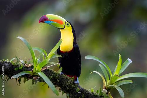 Obraz na płótnie Keel-billed Toucan (Ramphastos sulfuratus) perched on a branch with moss and bromeliad, Costa Rica. w salonie