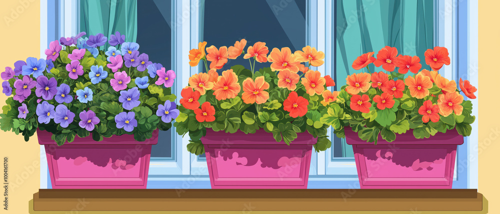 Fototapeta premium Colorful flower pots on a window sill, displaying vibrant blooms of purple, orange, and red, framed by blue curtains.