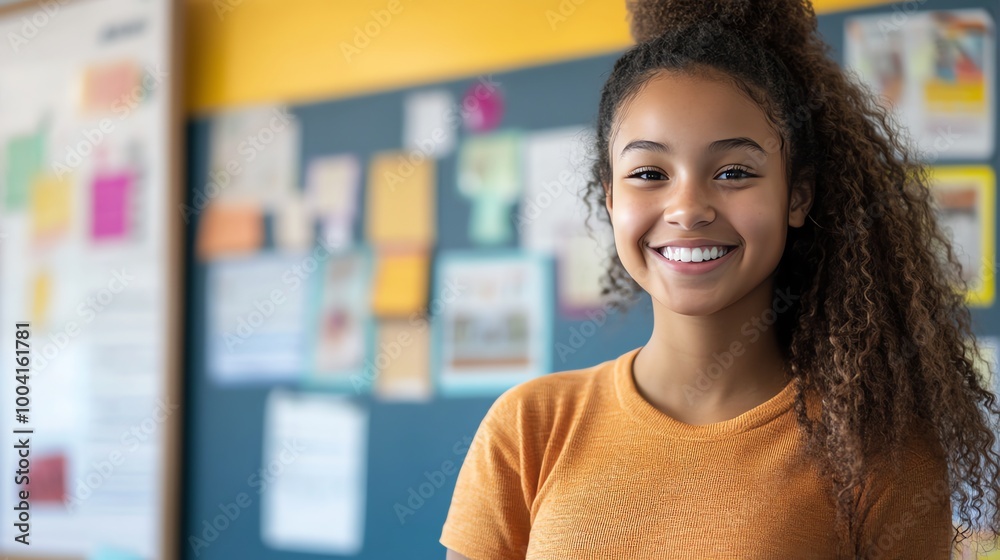 A young girl with curly hair smiles brightly at the camera. A young girl with curly hair smiles brightly at the camera.