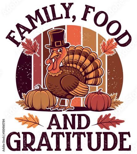 Family food and gratitude design template with turkey hen with hat, pumpkin and autumn leaf for Thanksgiving day concept vector illustration Isolated on a white background