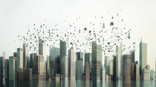 Pixelated Cityscape with Buildings Disintegrating.