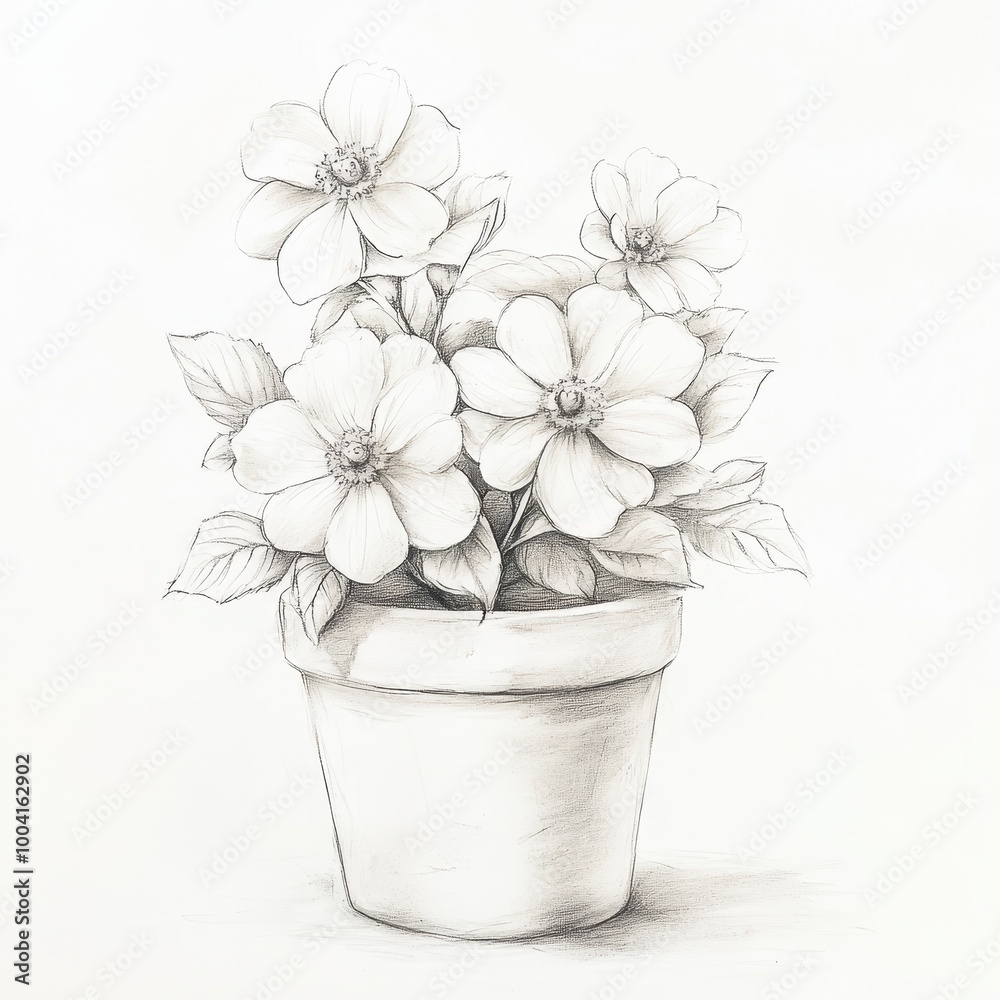 A pencil sketch of a potted plant featuring white flowers and green leaves.