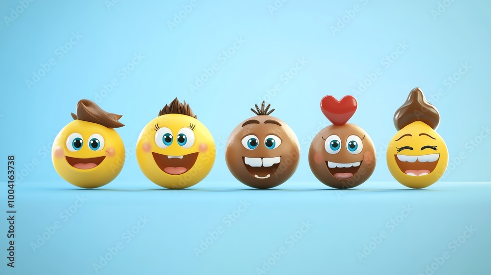 Obraz premium Three emojis, each with a different expression, surrounded by hearts.