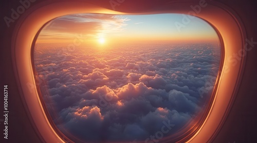 dreamy aerial view from airplane window fluffy cloud sea below soft pastel sky hues sense of wonder and adventure