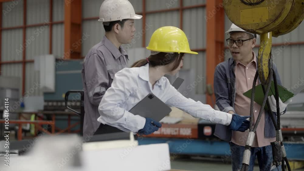 Managers and supervisors in a manufacturing plant talk while holding clipboards, tablets and hard hats and inspect equipment safety in a machinery factory. Managers and supervisors in a manufacturing plant talk while holding clipboards, tablets and hard hats and inspect equipment safety in a machinery factory.