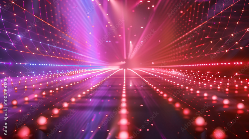 Fototapeta premium 3d abstract technology background, a tunnel, a cyber space with grid planes, path lighters and sparkles. Web banner and digital art.