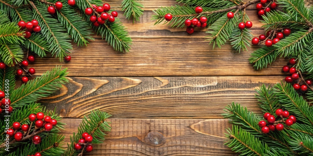 Festive Christmas evergreen branches and berries on rustic wood backdrop Festive Christmas evergreen branches and berries on rustic wood backdrop