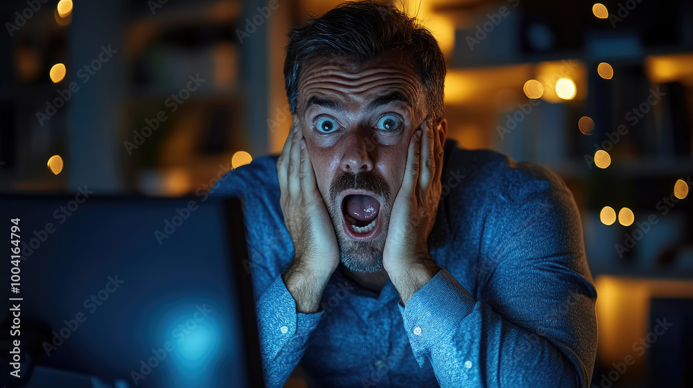 A man looks shocked while holding his face in disbelief at his computer, surrounded by warm decorative lights in a dark room A man looks shocked while holding his face in disbelief at his computer, surrounded by warm decorative lights in a dark room