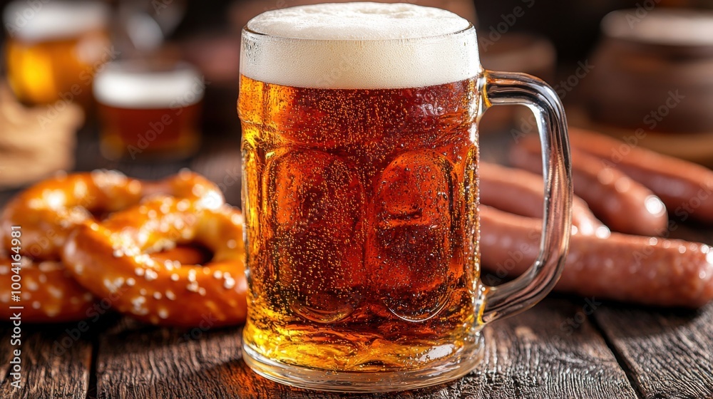 a closeup of a frothy beer in a glass stein placed on a wooden table surrounded by traditional German sausages pretzels mustard and Oktoberfest decorations captured in vibrant colors a closeup of a frothy beer in a glass stein placed on a wooden table surrounded by traditional German sausages pretzels mustard and Oktoberfest decorations captured in vibrant colors
