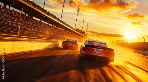 Daytona 500 at Daytona International Speedway 
 with cars racing at high-speed under a sunset, wide-angle shot with motion blur and cinematic lighting photo